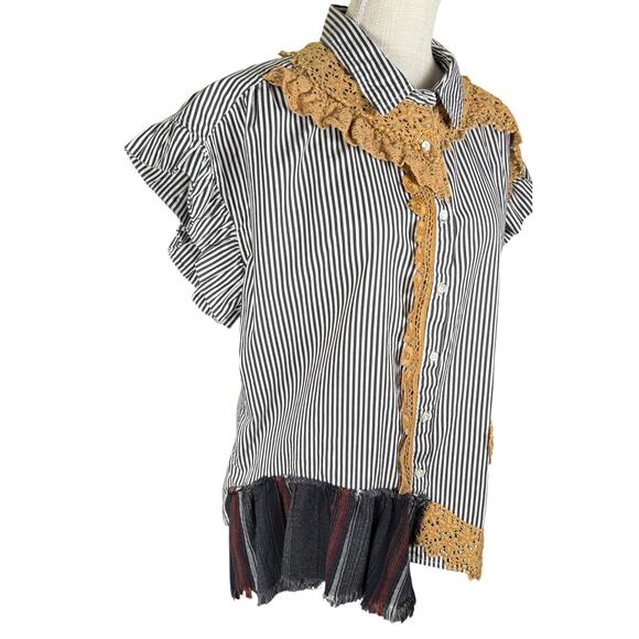 Jaded Gypsy Love Letters Striped Short Sleeve Button Up Top Women's S/M Lace - Picture 6 of 11